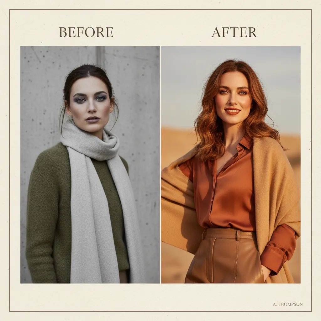 Before and after personal color analysis — wrong colors vs Soft Autumn palette