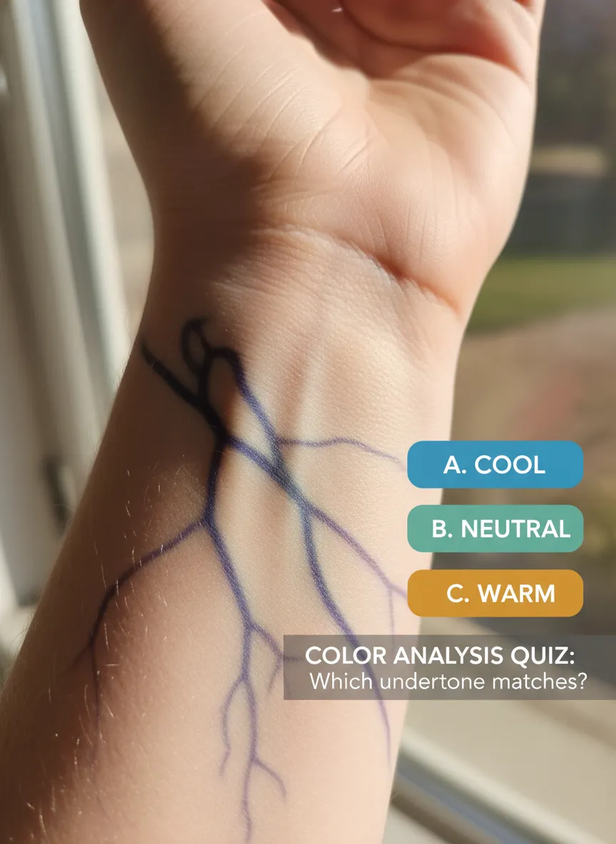 16 season color analysis quiz — wrist with blue or blue-purple veins indicating cool undertone