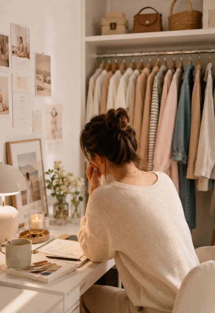 Founder of the AI color analysis tool at her desk with season swatches and a full neutral-toned wardrobe behind her