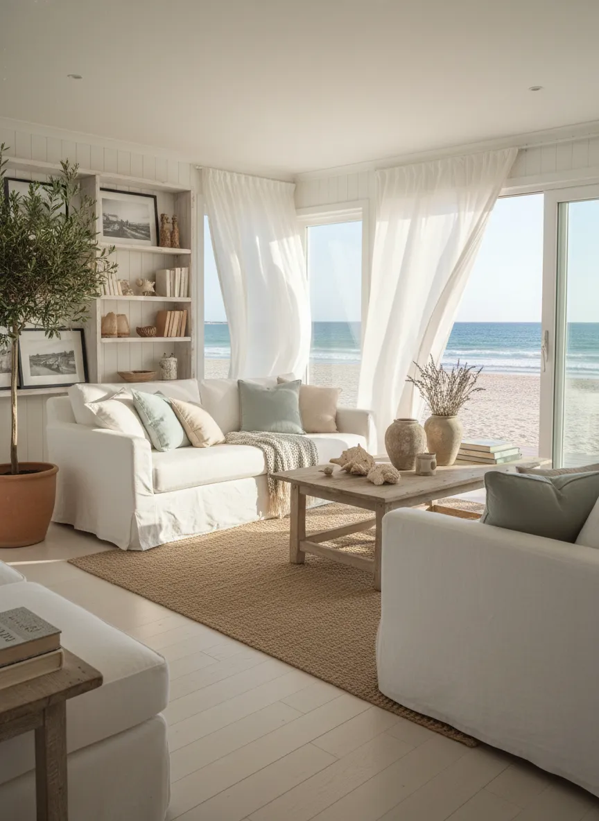 Aesthetic quiz — coastal grandmother beach house with sunlit linen drapes