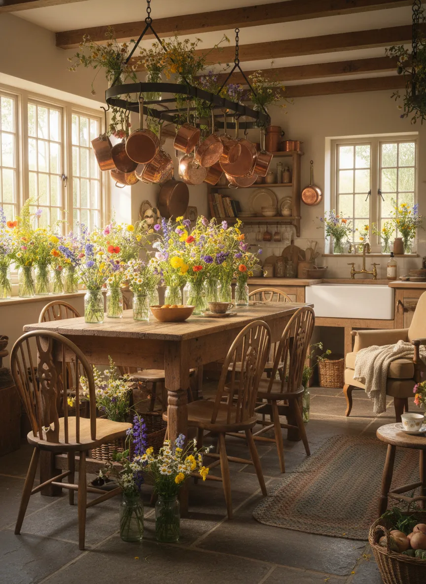 Aesthetic quiz — cottagecore kitchen with flowers and rustic cottage charm