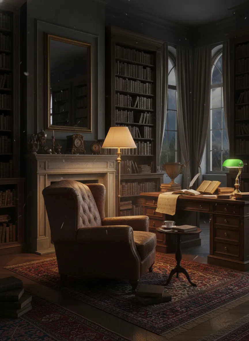 Aesthetic quiz — dark academia living room with leather chairs and warm library lighting