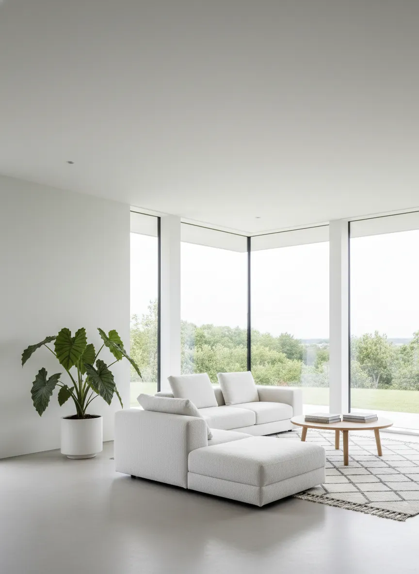 Aesthetic quiz — minimalist living room with white open-plan space and clean lines