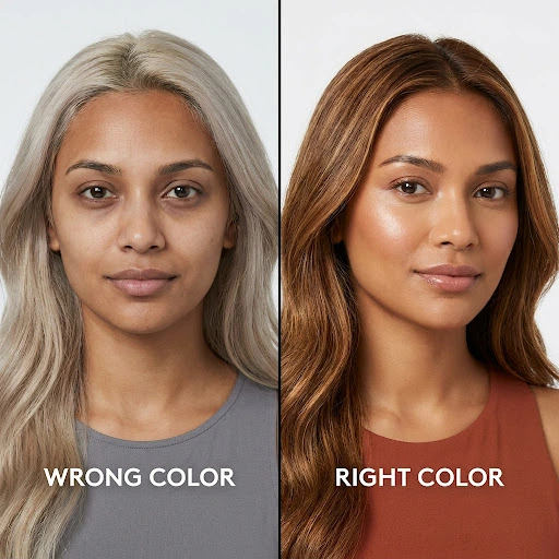 Hair color wheel result — wrong season washes out skin tone